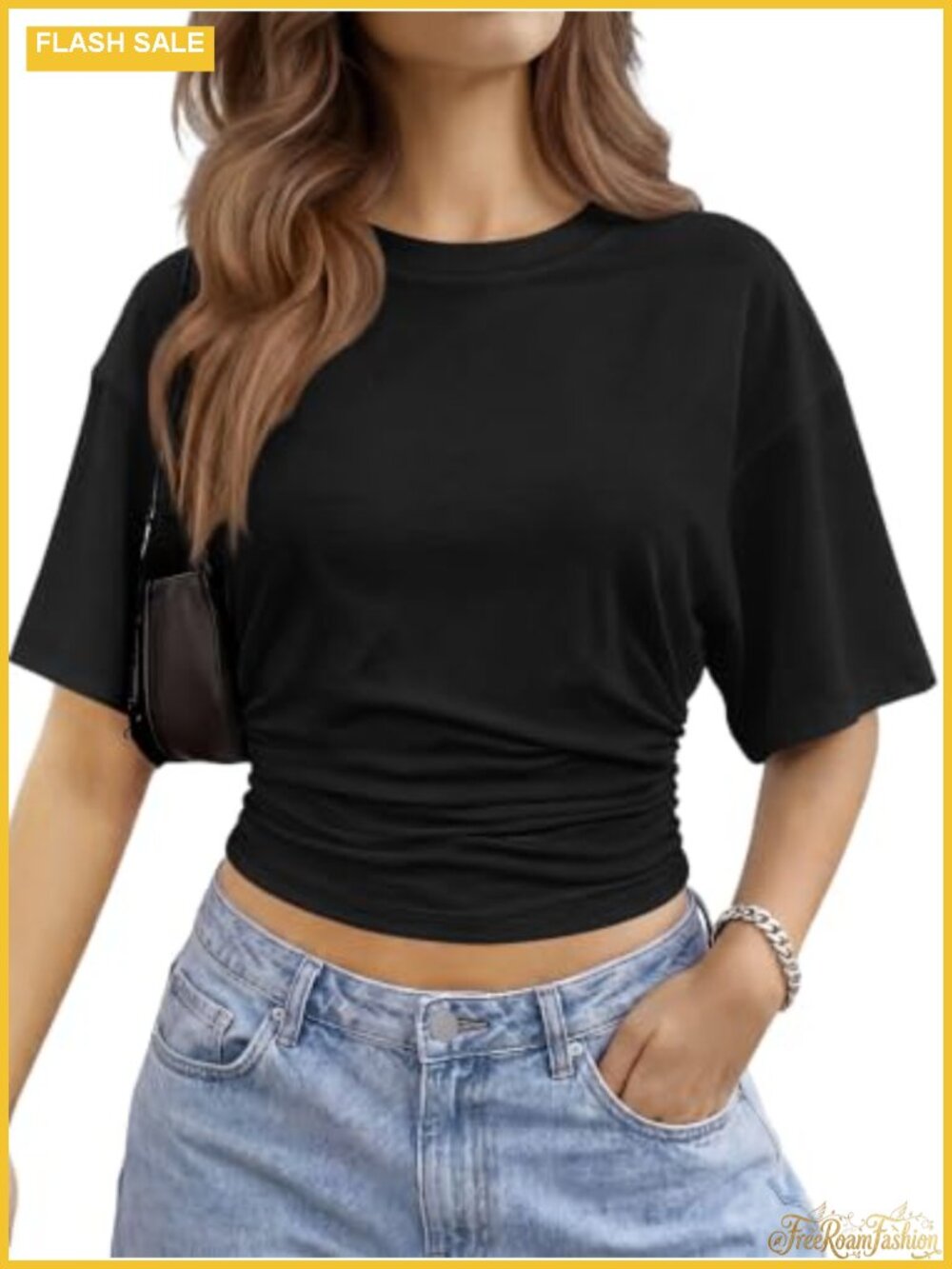 Womens Crop Top Ruched Waist Half Sleeve Crew Neck Casual Summer Tee